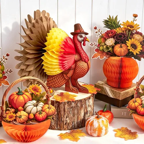 Vista 2 de Decoraciones de Acción de Gracias, decoraciones de mesa de otoño, papel 3D de pavo, panal de abeja para otoño, cosecha, fiesta, cocina, mesa