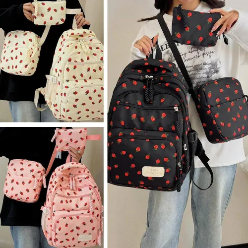 Vista 8 de Juego de 3 bolsas de mochila con lazo, lindo juego de mochila kawaii estética mochila con lazo con organizador integrado, Blanco, Tamaño único