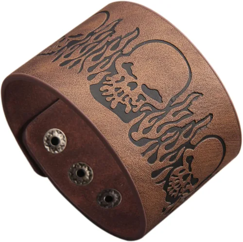 Vista 24 de Pulsera de cuero para hombre, brazaletes de cuero punk, pulsera de cuero negro para mujer