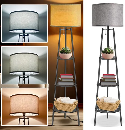 Vista 7 de Lámpara de Pie con Estantes, Lámpara de Pie Moderna con Bombillas LED de 3 Temperaturas de Color, Lámparas de Pie de Rincón para Sala de Estar