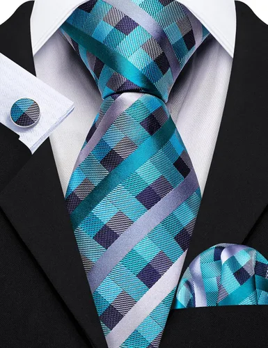 Vista 84 de Barry.Wang Juego de corbatas a cuadros para hombre con pañuelo gemelos de rayas clásicas