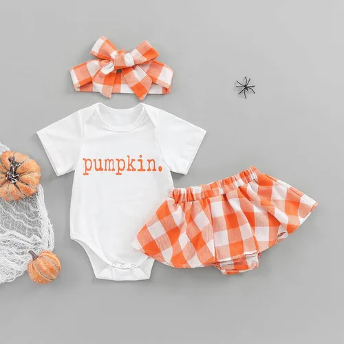 Vista 2 de Conjunto de ropa de Halloween para bebé niña de manga corta con falda y diadema para Halloween