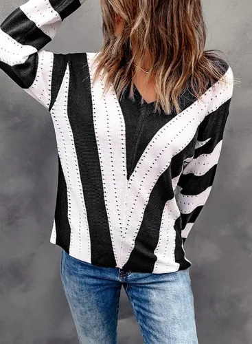 Vista 7 de Dokotoo Suéter de punto para mujer, diseño de rayas, cuello en V, con bloques de color, ajuste holgado