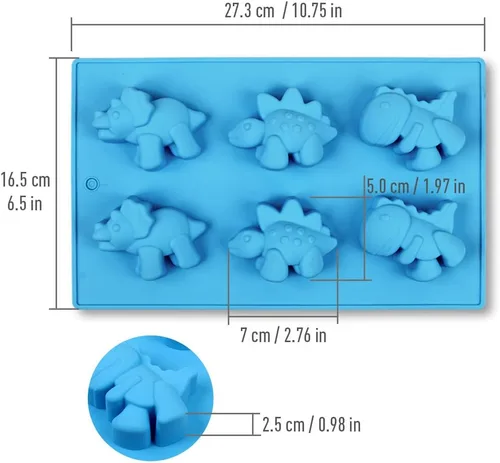 Vista 6 de homEdge Moldes de silicona para caramelos de dinosaurio, juego de 3 paquetes de moldes antiadherentes para chocolate, jabón hecho a mano, color azul