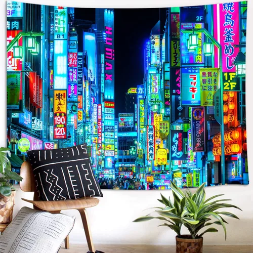Vista 3 de iTapnoom Tapiz de anime japonés de neón punk, ciudad futurista, tapiz para colgar en la pared para hombres y niños, dormitorio, futuro fresco
