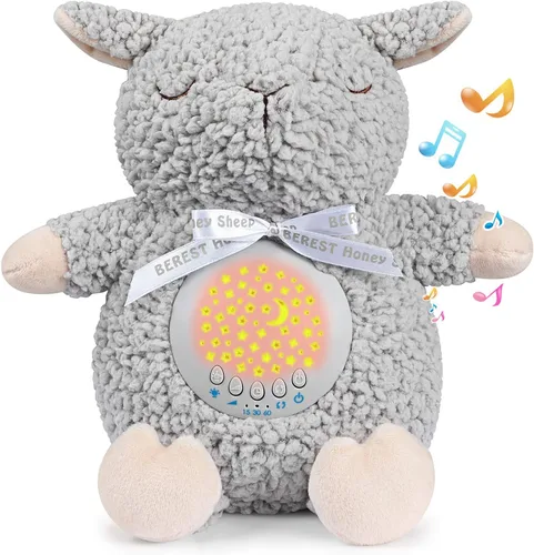Vista 10 de BEREST - Máquina de ruido blanco para bebé en forma de animal de peluche, con latido del corazón de mamá, ovejas y canciones de cuna, proyector