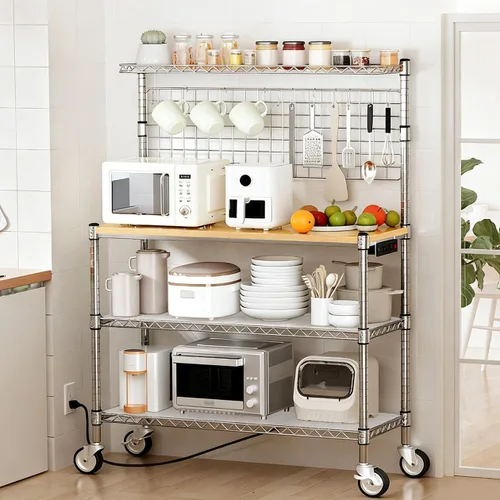 Vista 9 de Leteuke Estante para panaderos con toma de corriente y almacenamiento, soporte para microondas de 36 pulgadas, carrito de cocina de metal de 4 Negro