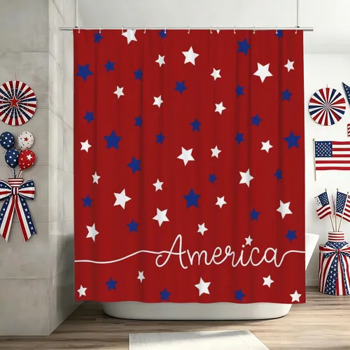 Vista 5 de Cortina de ducha patriótica de Estados Unidos para baño, cortina de baño de secado rápido con estrellas rojas y azules del 4 de julio, bañeras