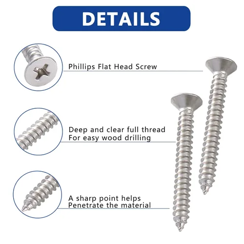 Vista 4 de 530Pcs Juego de tornillos de acero inoxidable para madera #4#6#8#10#12 con cabeza Phillips plana para chapa de metal, tornillos autorroscantes