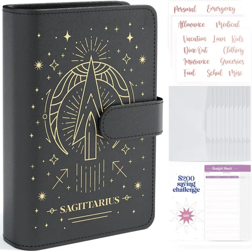 Vista 8 de SOUL MAMA Carpeta de presupuesto del zodíaco con sobres de efectivo para presupuestos – Carpeta A6 negra Acuario, organizador de dinero para carpeta
