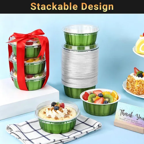 Vista 5 de Beasea Disposable Ramekins with Lids, 50 Pack 8oz 235ml Aluminum Foil Baking Cups with Lids, Aluminum Creme Brulee Ramekins Muffin Cupcake Pudding