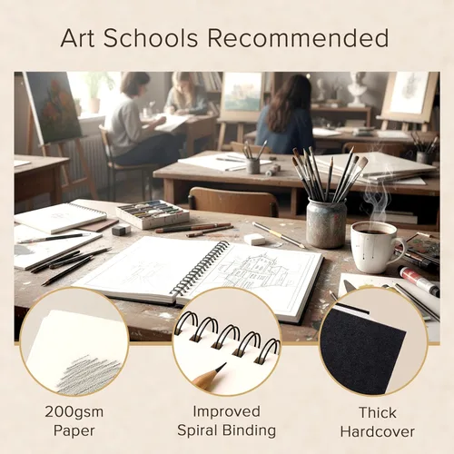 Vista 5 de Cuaderno de bocetos de artista de tapa dura – Papel muy grueso de 200GSM – Cuaderno de bocetos en espiral para dibujo y técnicas mixtas – Bloc