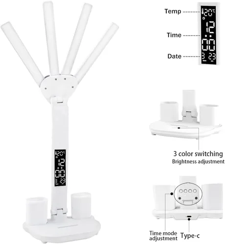 Vista 4 de Lámpara de escritorio LED con reloj, lámpara de estudio plegable, 3 modos de iluminación, lámpara de mesa regulable para cuidado de los ojos