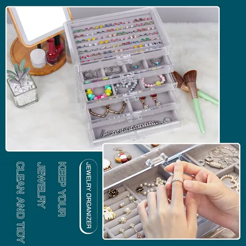 Vista 7 de UYBeauty Joyero acrílico con 5 cajones, organizador de joyas de terciopelo, estuche de almacenamiento de joyas para collar de aretes, organizador