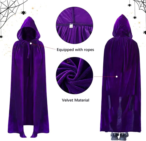 Vista 3 de Hercicy 5 piezas de disfraz de Halloween para cosplay, incluye capa morada de longitud completa con capucha para mujer, peluca corta morada