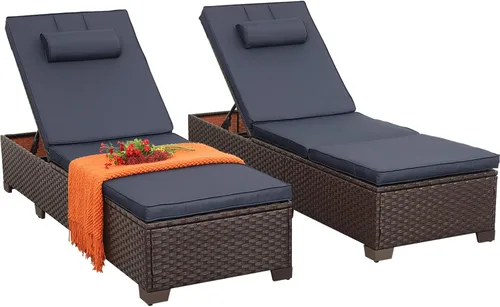 Vista 8 de Rattan Star Juego de 2 tumbonas de mimbre marrón para exteriores, tumbonas de piscina, respaldo ajustable multiángulo con cojines azules