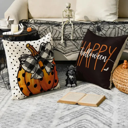 Vista 3 de AVOIN colorlife Happy Halloween - Juego de 4 fundas de almohada de 16 x 16 pulgadas, con diseño de fantasmas, diseño de murciélagos y calabaza