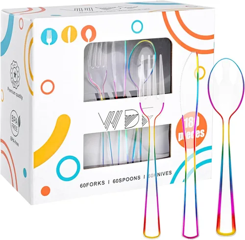 Vista 16 de WDF 180 cubiertos de plástico plateado – cubiertos de plástico plateado – cubiertos de plástico elegante resistente – 60 tenedores, 60 cuchillos, 60