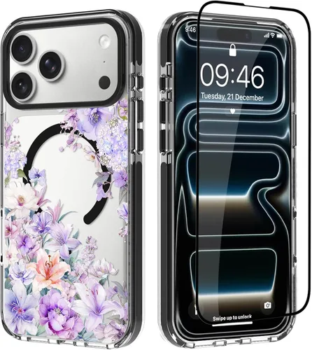 Vista 18 de OOK Funda para iPhone 17 Pro compatible con Magsafe, con protector de pantalla, elegante lazo estético, delgado, transparente, magnético, a prueba