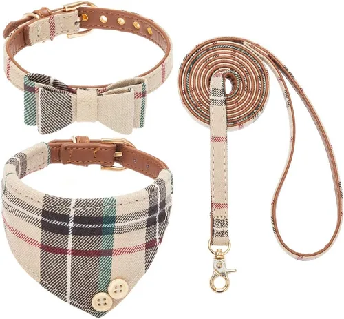 Vista 15 de EXPAWLORER Juego de collar y correa para cachorros, collar clásico a cuadros para perros pequeños con corbatín, bonito juego de collar y correa