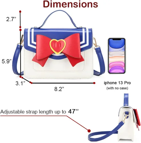 Vista 4 de Sailor Moon - Bolso de anime inspirado en la luna para cosplay, bolso cruzado de hombro pequeño para mujeres y niñas (azul), Azul Patchwork, S