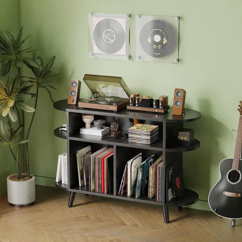 Vista 3 de LIVEHOM Soporte redondo grande para tocadiscos, armario de almacenamiento de discos de madera, soporte para discos de vinilo con área