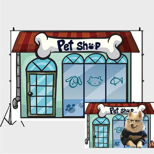 Vista 4 de Telón de fondo de dibujos animados de 5 x 3 pies para tienda de mascotas para niñas y niños, fiesta de primer cumpleaños, fotografía, fondo, juego