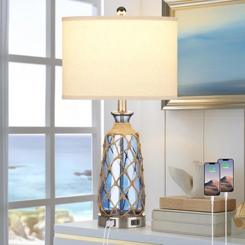 Vista 10 de Ruzectt Lámparas de mesa de cristal costero, lámparas de noche regulables de 3 vías con control táctil con 2 puertos USB y salida de CA, lámparas