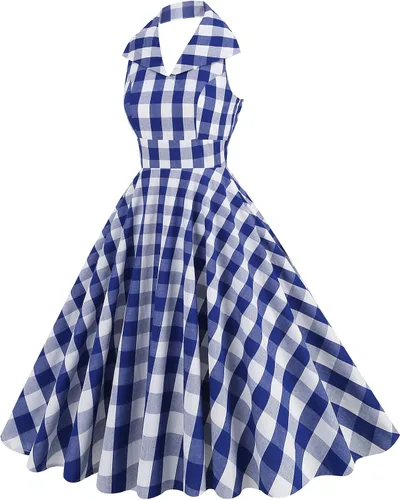 Vista 2 de Rockabilly Audrey Hepburn - Vestido vintage de cuadros para mujer, estilo vintage de los años 50, 50, con volantes, tirantes delgados, vestido de té