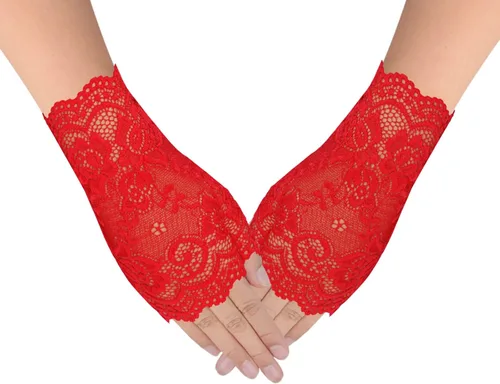 Vista 5 de obmwang 2 pares de guantes de encaje para mujer, guantes florales sin dedos, guantes de graduación para boda, fiesta, accesorios de disfraces