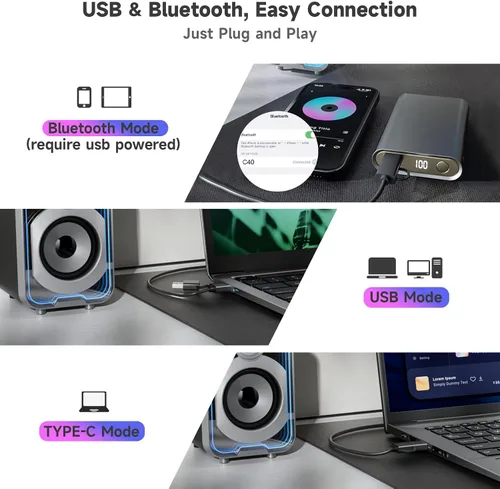 Vista 8 de SOULION Altavoces de computadora 2.0, altavoces de PC con cable Bluetooth de 10 W alimentados por USB con cápsula de fácil control para escritorio