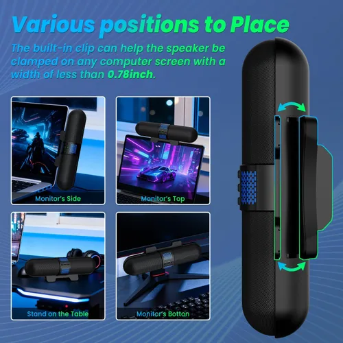 Vista 7 de BESTISAN Altavoz para computadora, conexión Bluetooth 5.3/USB con cable A/C, 6 modos de luz RGB, barra de sonido