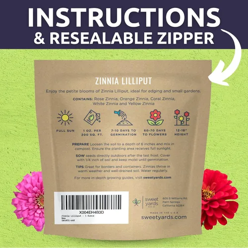 Vista 4 de Zinnia Lilliput Mix - Paquete grande de 1 onza - 4,000 semillas de flores para plantar - Zinnia elegans
