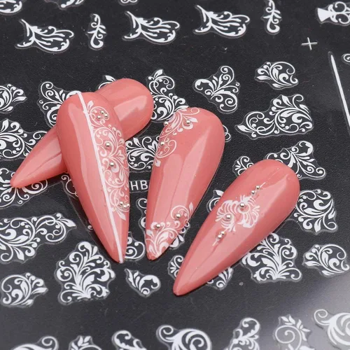 Vista 2 de Calcomanías de Arte de Uñas de Flores, Calcomanías de Uñas de Flores Blancas Suministros de Arte de Uñas 3D Encaje Retro Hoja de Flor Enredadera