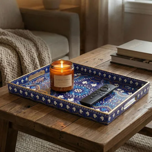 Vista 9 de Bandeja decorativa para servir con asas, 15.7 x 11.8 pulgadas, bandeja rectangular de plástico con patrón de mandala azul, bandeja de mesa auxiliar