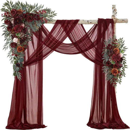 Vista 9 de Kit de flores para arco de boda con cortinas (paquete de 4) – 2 guirnaldas artificiales beige de lujo con 2 cortinas transparentes para ceremonia