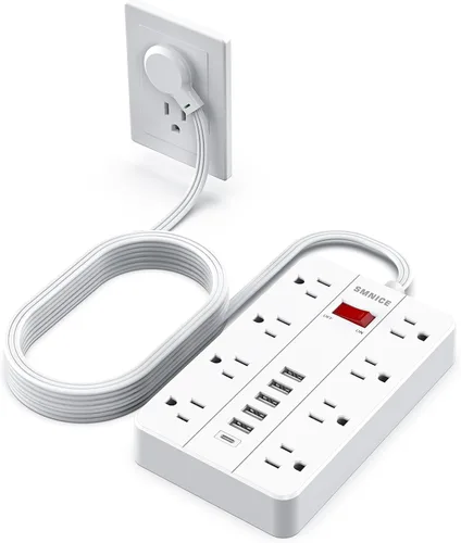 Vista 7 de Extensión de 3.05 m con protector contra sobretensiones, SMNICE Regleta de alimentación con enchufe plano de 8 tomas ampliamente espaciadas y 6