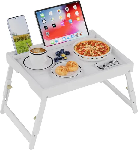 Vista 12 de Artmeer Bandeja de cama con patas plegables, bandeja de bambú para desayuno con ranura multimedia, uso como plato, escritorio para laptop