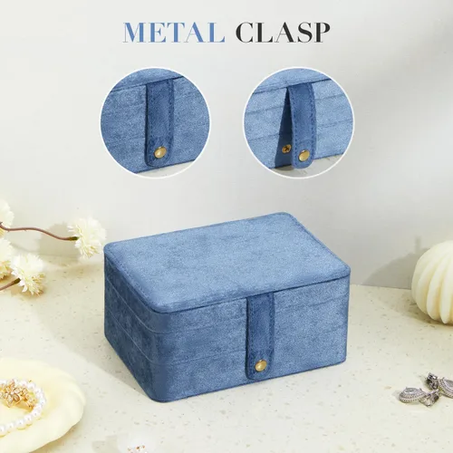 Vista 5 de Joyero pequeño de terciopelo para mujeres y niñas, estuche portátil de viaje de doble capa para anillos, colgantes, aretes, collares, organizador