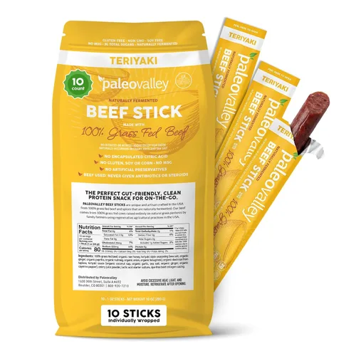Vista 12 de Paleovalley: Palitos de carne 100% alimentados con pasto – Bocadillo orgánico paleo y keto con probióticos naturales – 40 palitos de carne seca