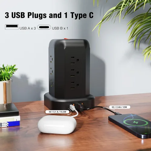 Vista 4 de Regleta protectora de sobretensiones de enchufe plano, cable de extensión eléctrico de 5 pies, regleta de alimentación de torre negra con 12 salidas