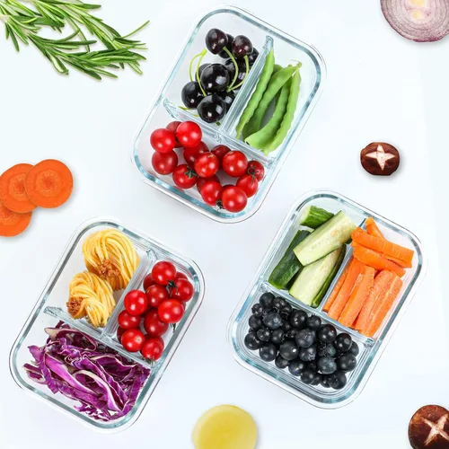 Vista 7 de M MCIRCO [Paquete de 5, 36 onzas] Recipientes de vidrio para preparación de comidas, 3 compartimentos con tapas, recipientes de almuerzo de vidrio