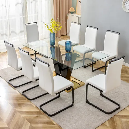 Vista 25 de Juego de mesa de comedor de cristal de 71 pulgadas para 4, juego de mesa de cocina moderno para 4, juego de mesa de comedor para el hogar