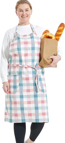 Vista 20 de Delantales de algodón y lino para hornear, talla grande, para mujer, con bolsillos, cocina