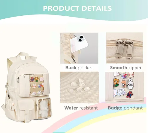 Vista 5 de Mochila Kawaii PRLINJSK para Niñas Adolescentes, Linda Mochila Estética para Escuela Secundaria Superior y Universidad con Accesorios, Verde claro
