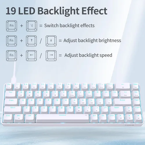 Vista 4 de TMKB T68SE - Teclado mecánico 60% para juegos, ultra compacto, 68 teclas, teclado con cable con interruptores azules, retroiluminación LED, flecha