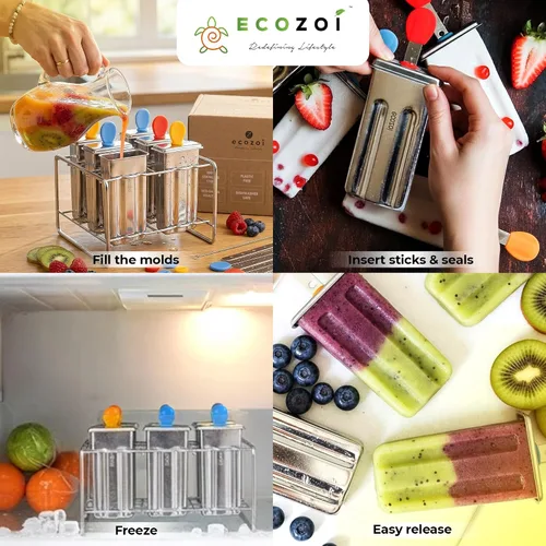 Vista 5 de Ecozoi Moldes de paletas de acero inoxidable – Juego de paletas de metal reutilizables con 6 moldes, 6 varillas, 12 sellos de silicona y cepillo