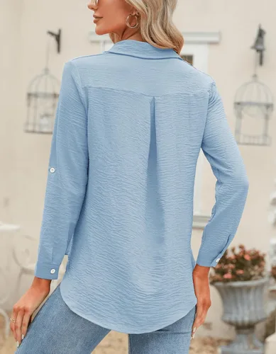 Vista 28 de Odosalii - Camisas con botones para mujer, con cuello en V, manga larga, enrolladas, blusas elegantes y formales para negocios y ocasiones casuales