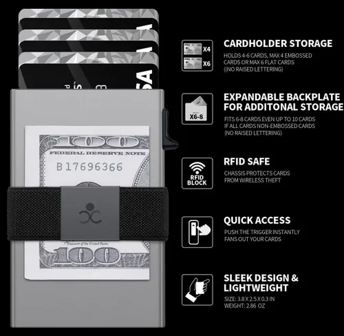 Vista 9 de Cartera delgada de aluminio para hombre, placa trasera expandible duradera, bloqueo RFID, billetera desplegable de metal minimalista, con capacidad