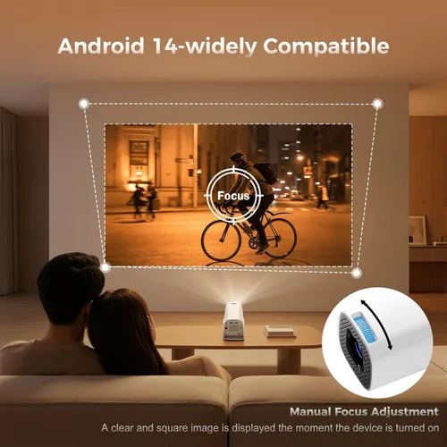 Vista 8 de Mini proyector con Wifi y Bluetooth, Android 14 integrado, proyector portátil para uso en exteriores y techo, Keystonet automático y giratorio